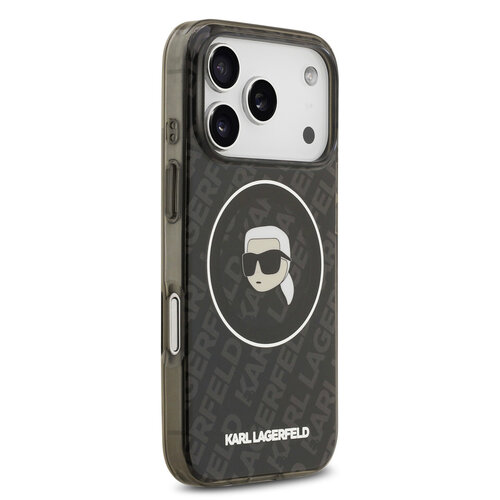 Karl Lagerfeld Karl Lagerfeld iPhone 17 Pro/iPhone 18 Pro Coque arrière MagSafe IML Motif KL répété et tête de Karl - Noir