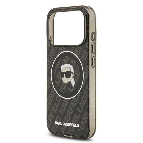 Karl Lagerfeld Karl Lagerfeld iPhone 17 Pro/iPhone 18 Pro Coque arrière MagSafe IML Motif KL répété et tête de Karl - Noir