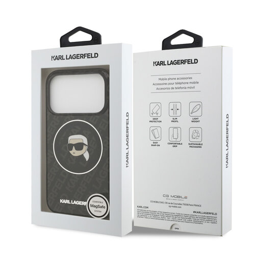 Karl Lagerfeld Karl Lagerfeld iPhone 17 Pro/iPhone 18 Pro Coque arrière MagSafe IML Motif KL répété et tête de Karl - Noir