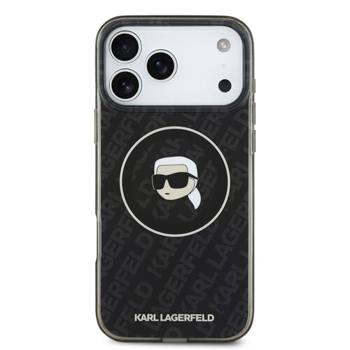 Karl Lagerfeld Karl Lagerfeld iPhone 17 Pro Max/iPhone 18 Pro Max Coque arrière MagSafe IML Paillettes motif KL répété et tête de Karl - Noir