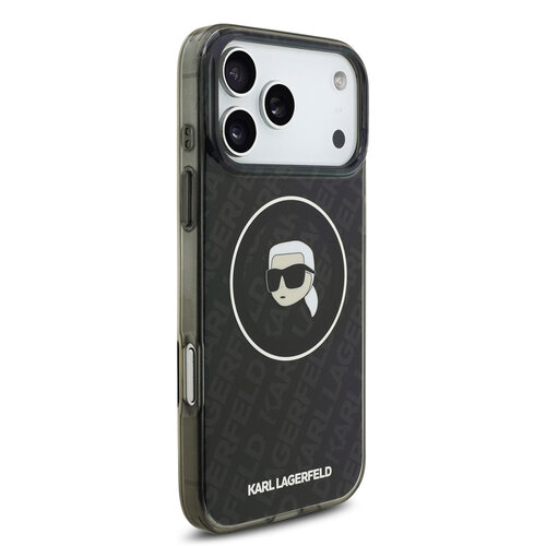 Karl Lagerfeld Karl Lagerfeld iPhone 17 Pro Max/iPhone 18 Pro Max Coque arrière MagSafe IML Paillettes motif KL répété et tête de Karl - Noir