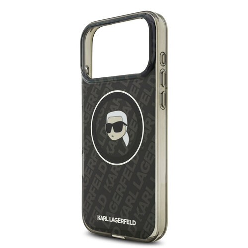 Karl Lagerfeld Karl Lagerfeld iPhone 17 Pro Max/iPhone 18 Pro Max Coque arrière MagSafe IML Paillettes motif KL répété et tête de Karl - Noir