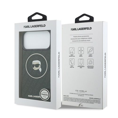 Karl Lagerfeld Karl Lagerfeld iPhone 17 Pro Max/iPhone 18 Pro Max Coque arrière MagSafe IML Paillettes motif KL répété et tête de Karl - Noir