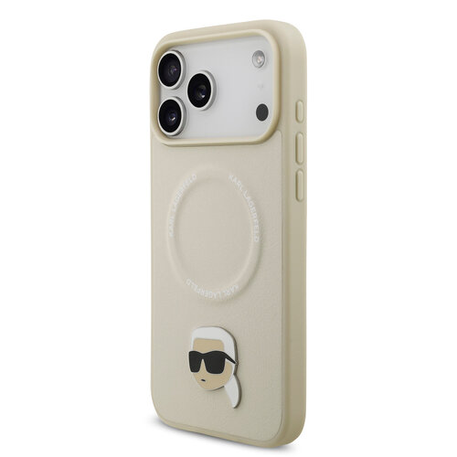 Karl Lagerfeld Karl Lagerfeld iPhone 17 Pro Max/iPhone 18 Pro Max Coque arrière MagSafe Pin représentant la tête de Karl - Beige