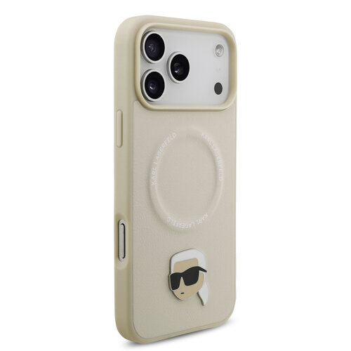 Karl Lagerfeld Karl Lagerfeld iPhone 17 Pro Max/iPhone 18 Pro Max Coque arrière MagSafe Pin représentant la tête de Karl - Beige