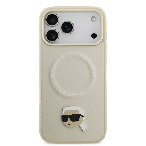 Karl Lagerfeld Karl Lagerfeld iPhone 17 Pro Max/iPhone 18 Pro Max Coque arrière MagSafe Pin représentant la tête de Karl - Beige