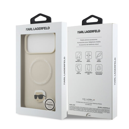 Karl Lagerfeld Karl Lagerfeld iPhone 17 Pro Max/iPhone 18 Pro Max Coque arrière MagSafe Pin représentant la tête de Karl - Beige