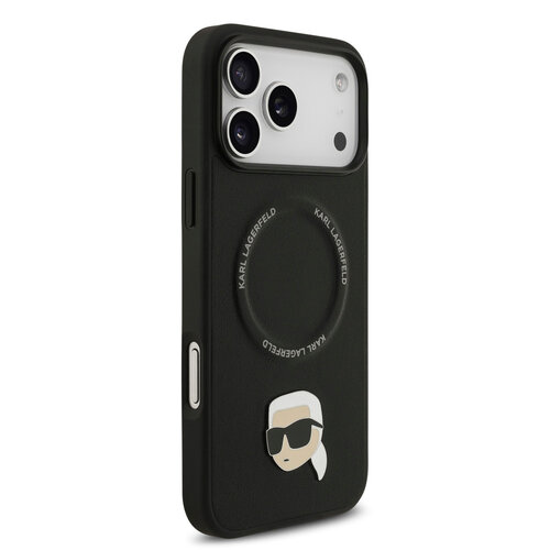 Karl Lagerfeld Karl Lagerfeld iPhone 17 Pro Max/iPhone 18 Pro Max Coque arrière MagSafe Pin représentant la tête de Karl - Noir