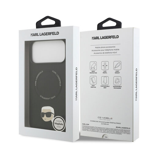 Karl Lagerfeld Karl Lagerfeld iPhone 17 Pro Max/iPhone 18 Pro Max Coque arrière MagSafe Pin représentant la tête de Karl - Noir