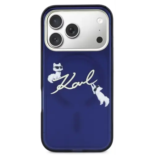 Karl Lagerfeld Karl Lagerfeld iPhone 17 Pro Max/iPhone 18 Pro Max Coque arrière MagSafe IML logo manuscrit Karl & Choupette Bord doré - Bleu marine
