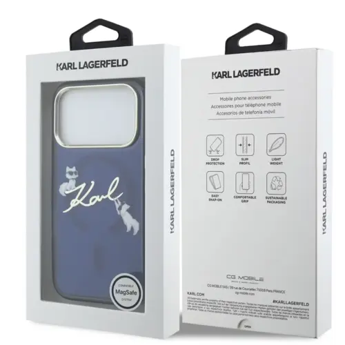 Karl Lagerfeld Karl Lagerfeld iPhone 17 Pro Max/iPhone 18 Pro Max Coque arrière MagSafe IML logo manuscrit Karl & Choupette Bord doré - Bleu marine