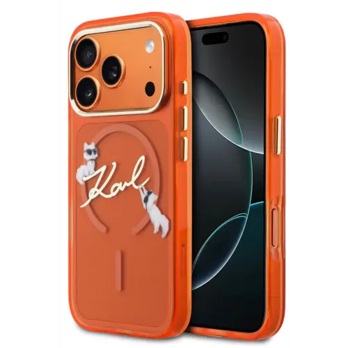 Karl Lagerfeld Karl Lagerfeld iPhone 17 Pro Max/iPhone 18 Pro Max Coque arrière MagSafe IML Logo manuscrit Choupette - Orange