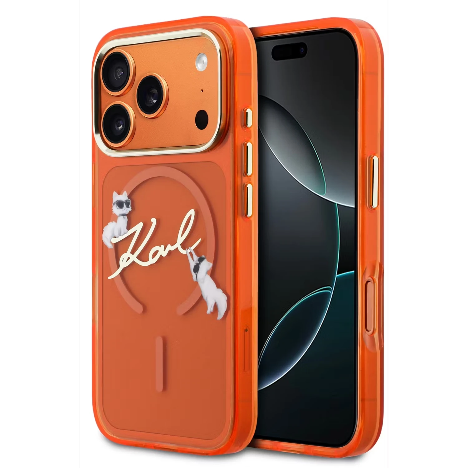 Karl Lagerfeld Karl Lagerfeld iPhone 17 Pro Max Backcover hoesje - MagSafe IML - Choupette Scripted Logo - Oranje