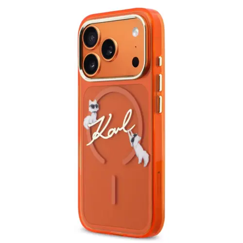 Karl Lagerfeld Karl Lagerfeld iPhone 17 Pro Max/iPhone 18 Pro Max Coque arrière MagSafe IML Logo manuscrit Choupette - Orange