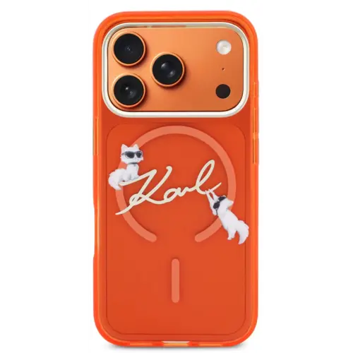 Karl Lagerfeld Karl Lagerfeld iPhone 17 Pro Max/iPhone 18 Pro Max Coque arrière MagSafe IML Logo manuscrit Choupette - Orange