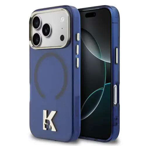 Karl Lagerfeld Karl Lagerfeld iPhone 17 Pro Max/iPhone 18 Pro Max Coque arrière MagSafe IML logo tête de Karl Bord doré - Bleu marine