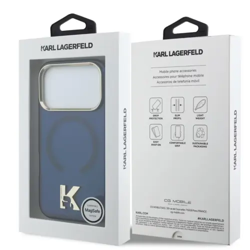 Karl Lagerfeld Karl Lagerfeld iPhone 17 Pro Max/iPhone 18 Pro Max Coque arrière MagSafe IML logo tête de Karl Bord doré - Bleu marine