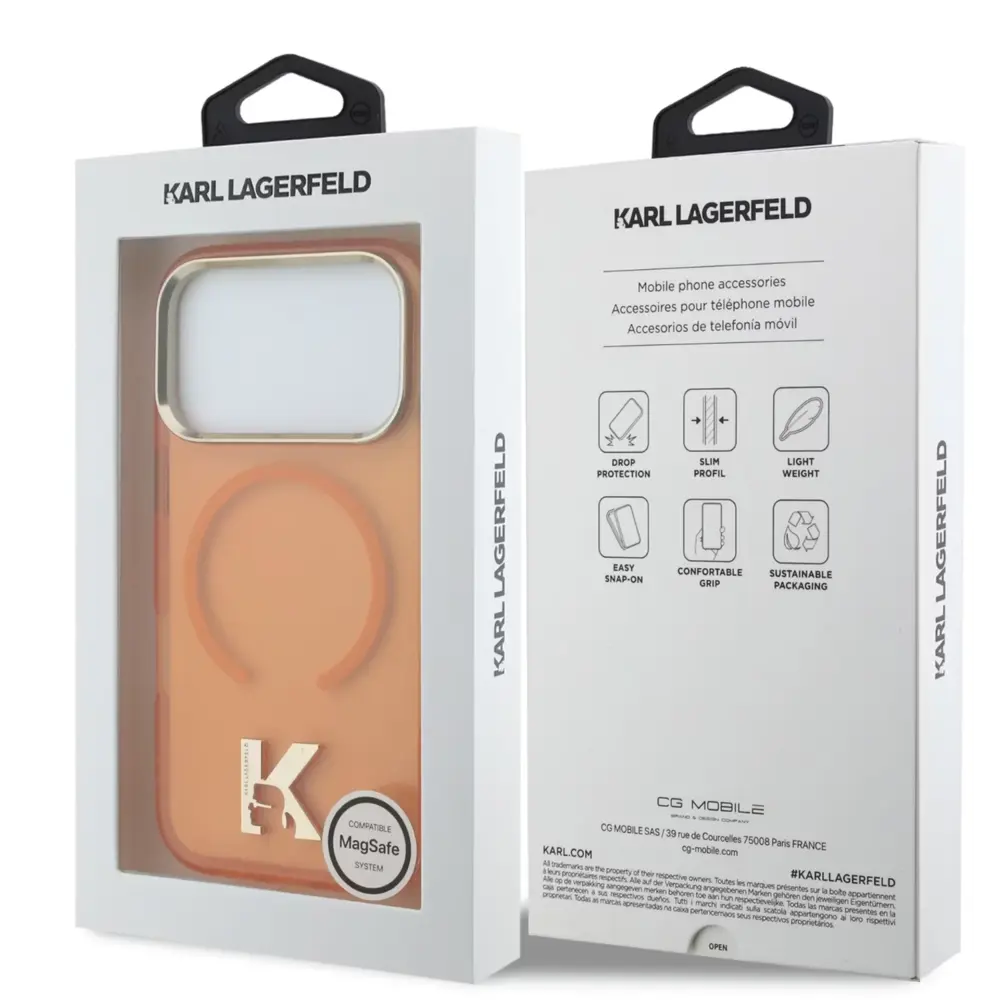 Karl Lagerfeld Karl Lagerfeld iPhone 17 Pro Max Back-Cover hul - MagSafe IML Case With Karl Head Logo - Gold Edge - Orange Karl Lagerfeld Karl Lagerfeld iPhone 17 Pro Max Back-Cover hul - MagSafe IML Case With Karl Head Logo - Gold Edge - Orange