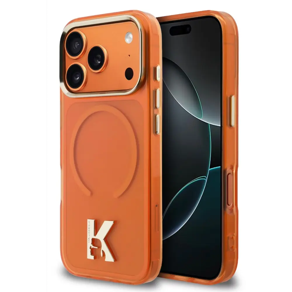 Karl Lagerfeld Karl Lagerfeld iPhone 17 Pro Max Back-Cover hul - MagSafe IML Case With Karl Head Logo - Gold Edge - Orange Karl Lagerfeld Karl Lagerfeld iPhone 17 Pro Max Back-Cover hul - MagSafe IML Case With Karl Head Logo - Gold Edge - Orange