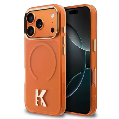 Karl Lagerfeld Karl Lagerfeld iPhone 17 Pro Max/iPhone 18 Pro Max Coque arrière MagSafe IML logo tête de Karl Bord doré - Orange