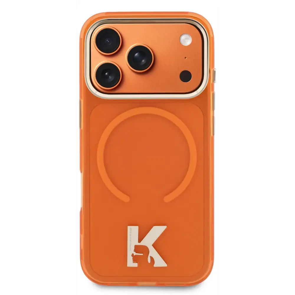 Karl Lagerfeld Karl Lagerfeld iPhone 17 Pro Max Back-Cover hul - MagSafe IML Case With Karl Head Logo - Gold Edge - Orange Karl Lagerfeld Karl Lagerfeld iPhone 17 Pro Max Back-Cover hul - MagSafe IML Case With Karl Head Logo - Gold Edge - Orange