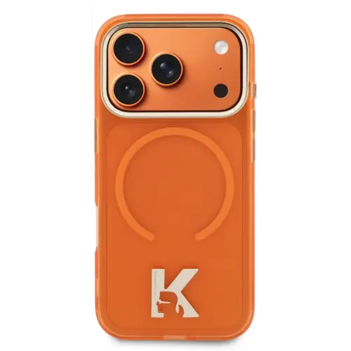 Karl Lagerfeld Karl Lagerfeld iPhone 17 Pro Max/iPhone 18 Pro Max Coque arrière MagSafe IML logo tête de Karl Bord doré - Orange