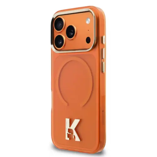 Karl Lagerfeld Karl Lagerfeld iPhone 17 Pro Max/iPhone 18 Pro Max Coque arrière MagSafe IML logo tête de Karl Bord doré - Orange