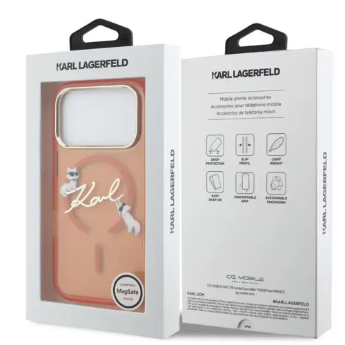 Karl Lagerfeld Karl Lagerfeld iPhone 17 Pro Max/iPhone 18 Pro Max Coque arrière MagSafe IML Logo manuscrit Choupette - Orange