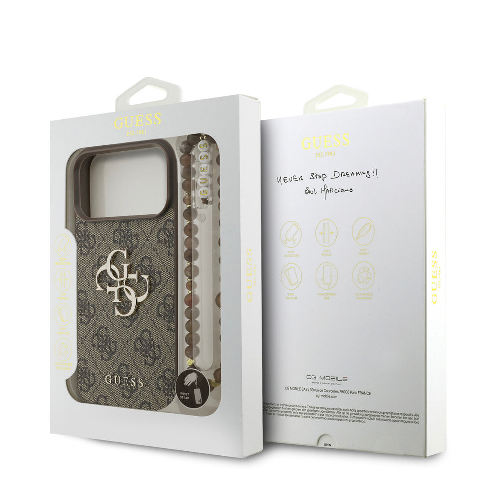 Guess Guess iPhone 17 Pro Max Backcover hoesje - 4G With Pearl Strap - Big Metal Logo - Bruin