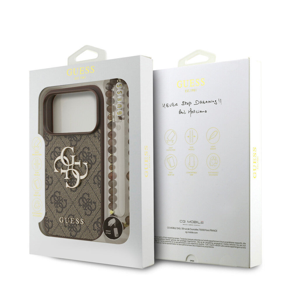 Guess Guess iPhone 17 Pro Back cover coque - Marron - 4G With Pearl Strap - Big Metal Logo