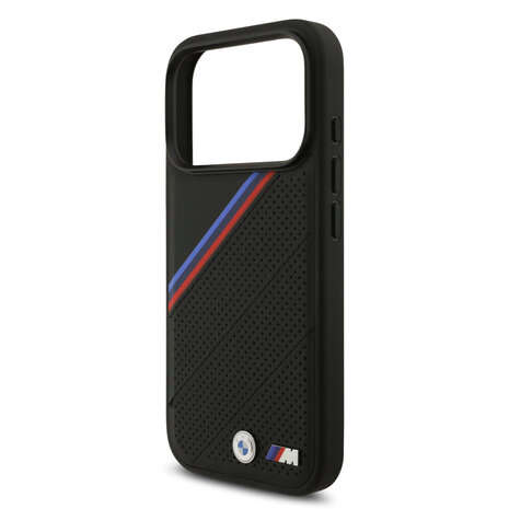 BMW BMW iPhone 17 Pro Back cover coque - Noir - MagSafe - PU Leather Case With Tricolor Slanted Stripes & Metal Logos