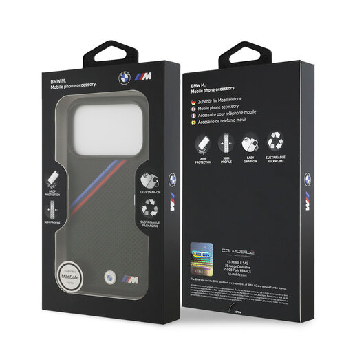 BMW BMW iPhone 17 Pro/iPhone 18 Pro Handyhülle MagSafe PU-Kunstleder schräge Trikolore-Streifen Metalllogos - Schwarz