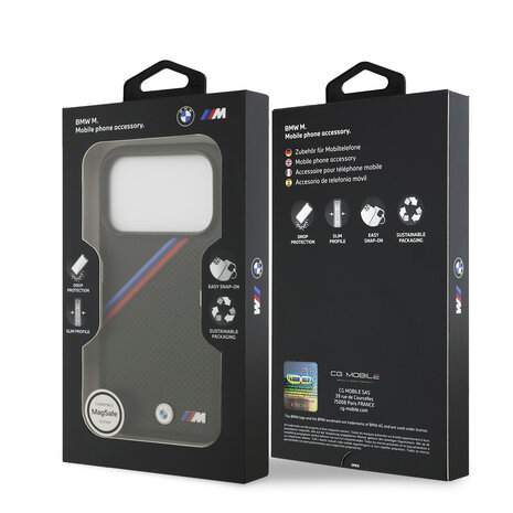 BMW BMW iPhone 17 Pro Back cover case - MagSafe - PU Leather Case With Tricolor Slanted Stripes & Metal Logos - Black