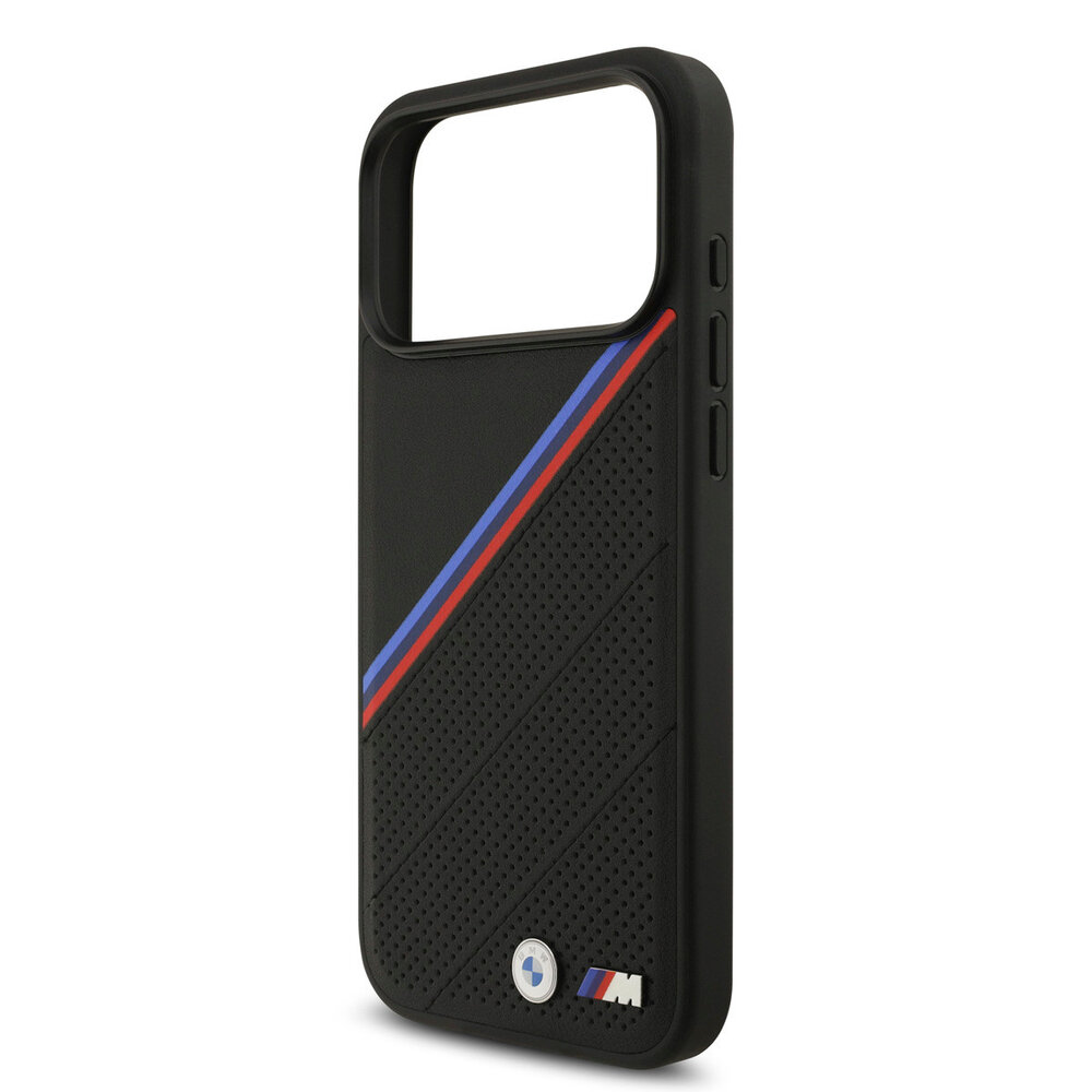 BMW BMW iPhone 17 Pro Max Back cover coque - Noir - MagSafe - PU Leather Case With Tricolor Slanted Stripes & Metal Logos BMW BMW iPhone 17 Pro Max Back cover coque - Noir - MagSafe - PU Leather Case With Tricolor Slanted Stripes & Metal Logos
