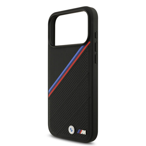 BMW BMW iPhone 17 Pro Max/iPhone 18 Pro Max Handyhülle MagSafe PU-Kunstleder schräge Trikolore-Streifen Metalllogos - Schwarz