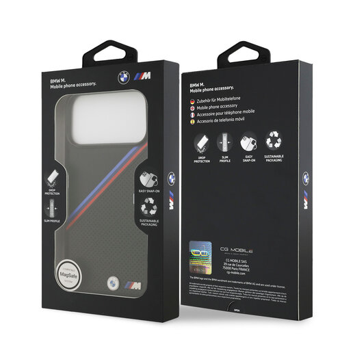 BMW BMW iPhone 17 Pro Max/iPhone 18 Pro Max Coque arrière MagSafe Similicuir PU bandes tricolores obliques logos métalliques - Noir