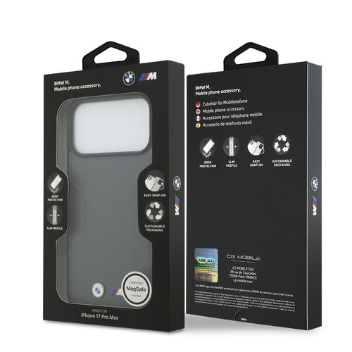BMW BMW iPhone 17 Pro Max/iPhone 18 Pro Max Coque arrière MagSafe Cuir matelassé logo métallique - Gris