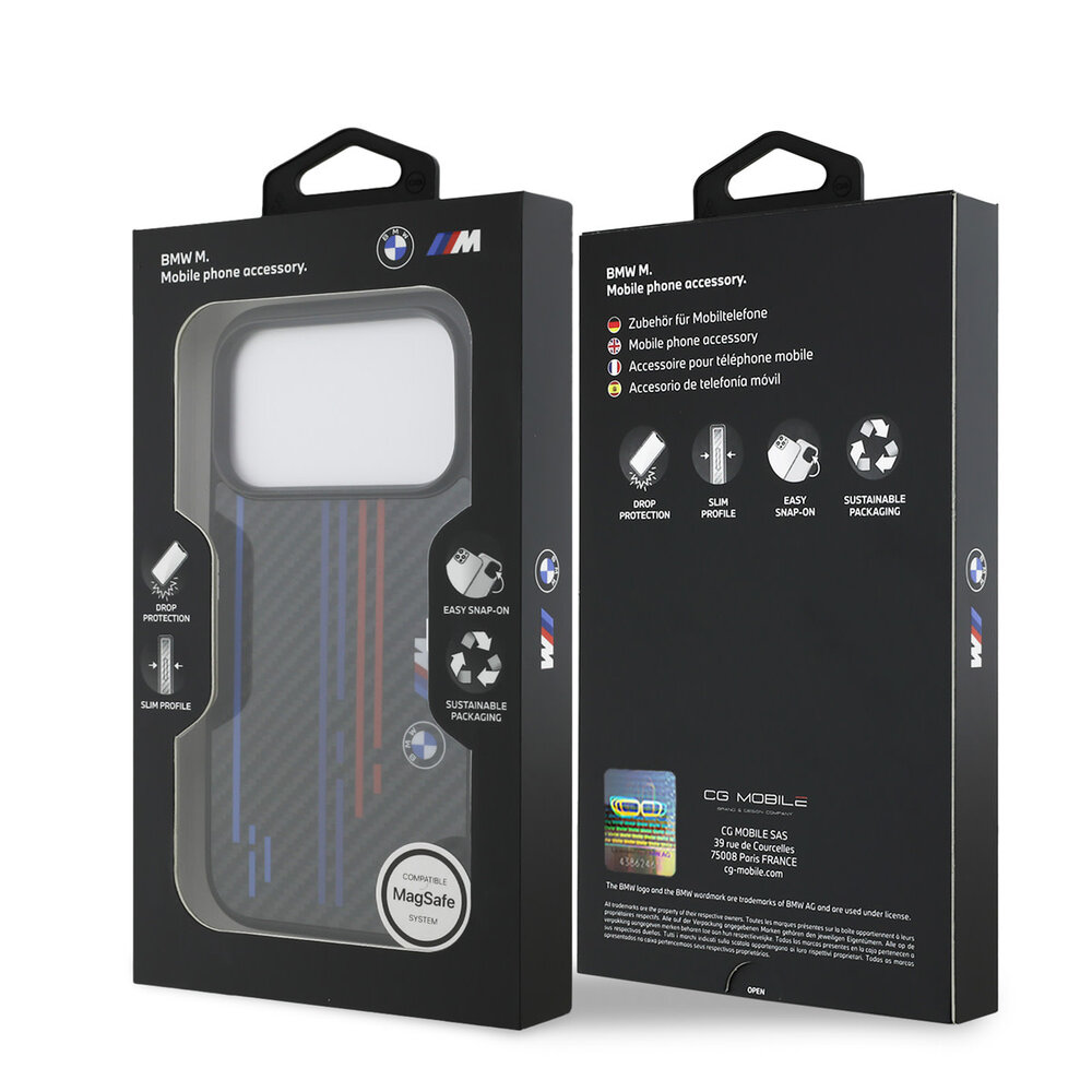 BMW BMW iPhone 17 Pro Back cover case - MagSafe Kevlar Case With Printed Tricolor & Metal Logos - Black