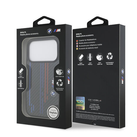 BMW BMW iPhone 17 Pro Back cover case - MagSafe Kevlar Case With Printed Tricolor & Metal Logos - Black