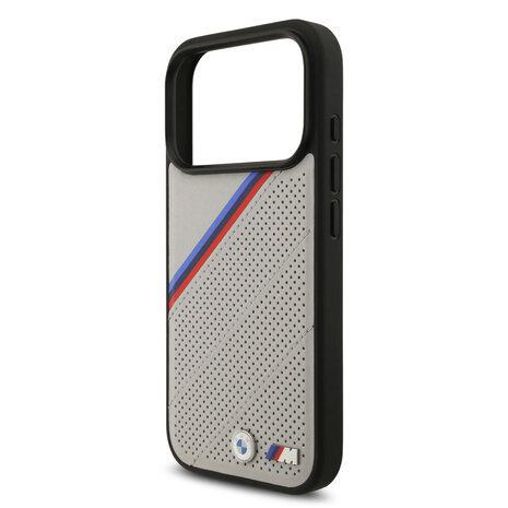 BMW BMW iPhone 17 Pro Backcover hoesje - MagSafe - PU Leather Case With Tricolor Slanted Stripes & Metal Logos - Beige