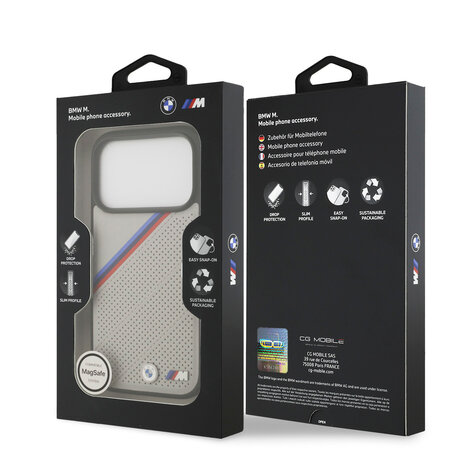 BMW BMW iPhone 17 Pro Backcover hoesje - MagSafe - PU Leather Case With Tricolor Slanted Stripes & Metal Logos - Beige