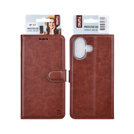TUNIQ TUNIQ iPhone 17 Book-Case hul - Kartenhalter für 3 Karten - Magnetverschluss - Aufhänger - Braun