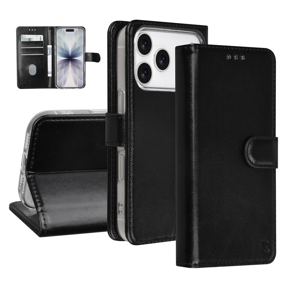 TUNIQ TUNIQ iPhone 17 Pro Book type case - Card holder for 3 cards - Magnetic closure - Hanger - Black