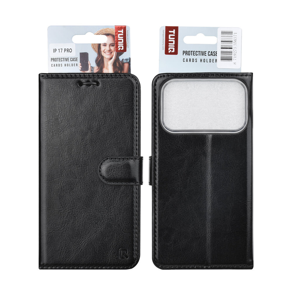 TUNIQ TUNIQ iPhone 17 Pro Book Case hoesje - Pasjeshouder voor 3 pasjes - Magneetsluiting - Hanger - Zwart TUNIQ TUNIQ iPhone 17 Pro Book Case hoesje - Pasjeshouder voor 3 pasjes - Magneetsluiting - Hanger - Zwart