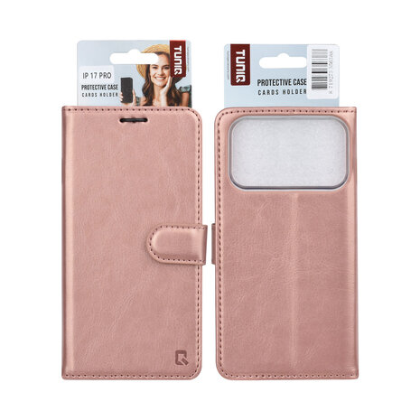 TUNIQ TUNIQ iPhone 17 Pro Book type case - Card holder for 3 cards - Magnetic closure - Hanger - Rose Gold