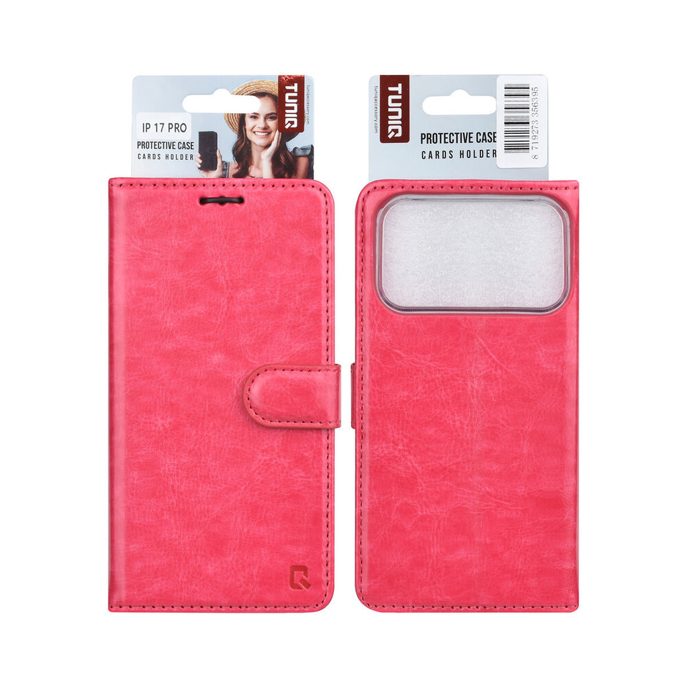 TUNIQ TUNIQ iPhone 17 Pro Book-Case hul - Kartenhalter für 3 Karten - Magnetverschluss - Aufhänger - Hot Pink TUNIQ TUNIQ iPhone 17 Pro Book-Case hul - Kartenhalter für 3 Karten - Magnetverschluss - Aufhänger - Hot Pink