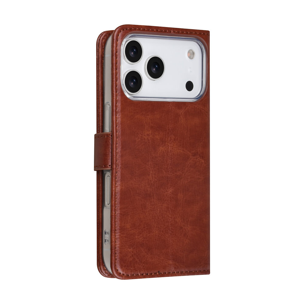 TUNIQ TUNIQ iPhone 17 Pro Book type case - Card holder for 3 cards - Magnetic closure - Hanger - Brown
