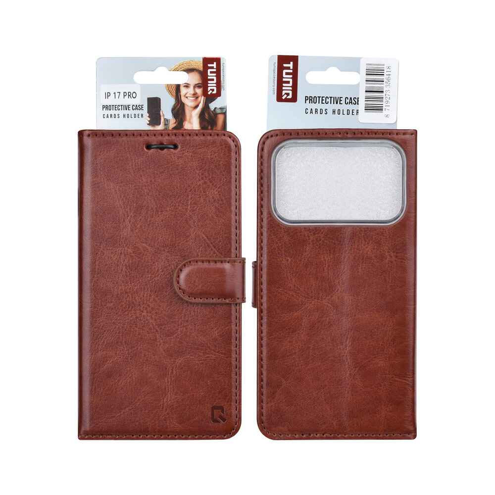 TUNIQ TUNIQ iPhone 17 Pro Book type housse - Marron - Porte-cartes pour 3 cartes - Fermeture magnétique - Cintre