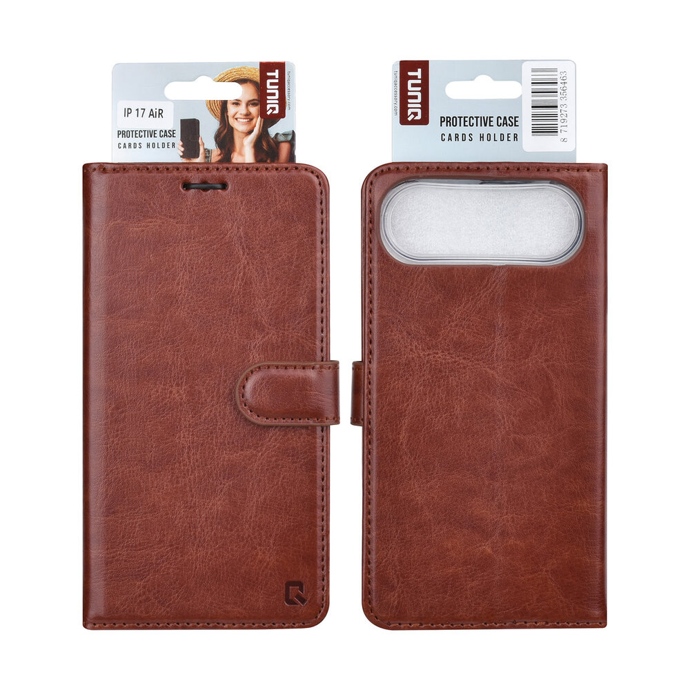 TUNIQ TUNIQ iPhone 17 Air Book type case - Card holder for 3 cards - Magnetic closure - Hanger - Brown