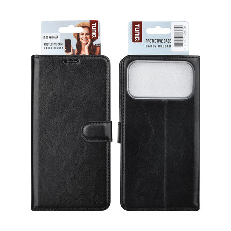 TUNIQ TUNIQ iPhone 17 Pro Max Book Case hoesje - Pasjeshouder voor 3 pasjes - Magneetsluiting - Hanger - Zwart TUNIQ TUNIQ iPhone 17 Pro Max Book Case hoesje - Pasjeshouder voor 3 pasjes - Magneetsluiting - Hanger - Zwart
